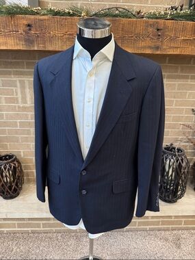 The Andover Shop mens 42R blue subtle stripe 100% wool 2-button suit jacket EuC